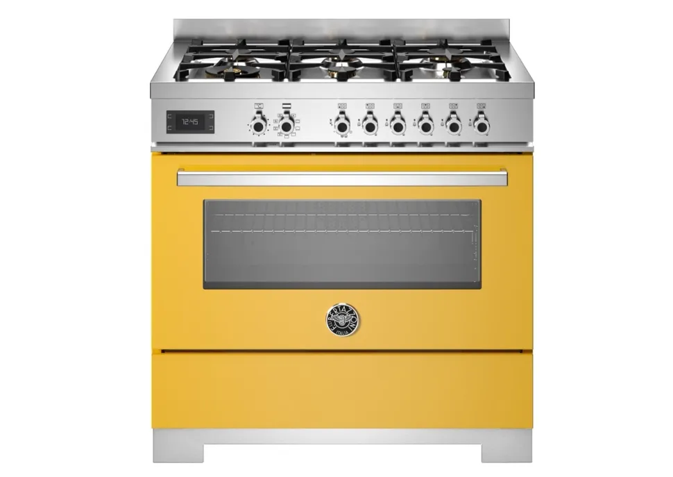 Gasspis Professional, 90 cm, 6 brännare, 1 ugn, Gul - Bertazzoni