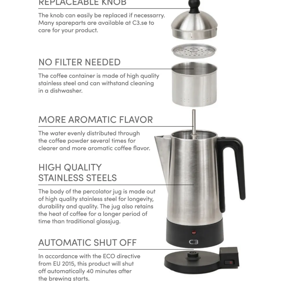 Perkolator, Borstat Rostfritt stål, 12 koppar - C3
