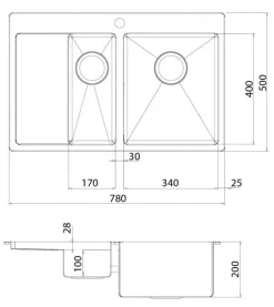 Rostfri diskho dubbel 780 x 500 mm med avställningsyta till vänster