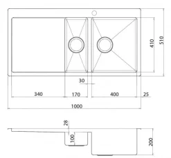 Rostfri diskho dubbel 1000 x 510 mm med avställningsyta till vänster