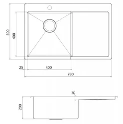 Rostfri diskho 780 x 500 mm med avställningsyta till höger