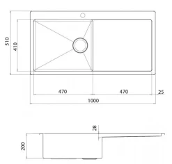 Rostfri diskho 1000 x 510 mm med avställningsyta till höger