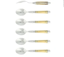 Sex dessertskedar, Handtag av Ljust Horn, blank, Tradition - Forge de Laguiole