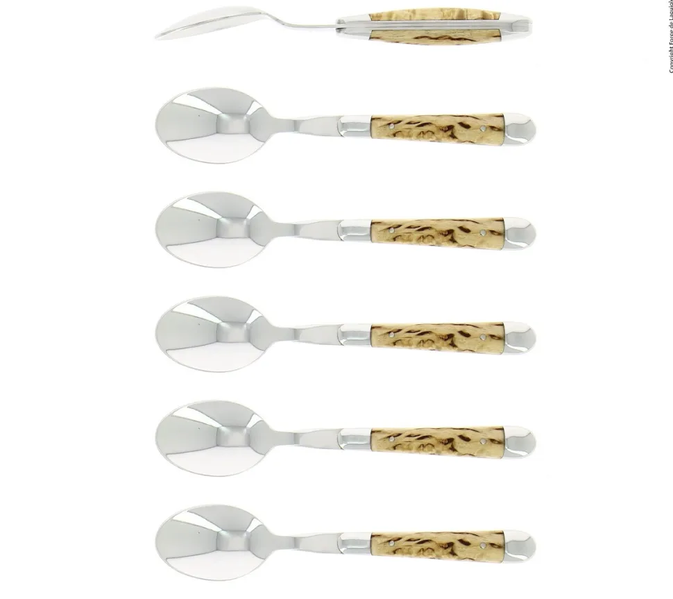 Sex dessertskedar, Handtag av Björk, blank, Tradition - Forge de Laguiole