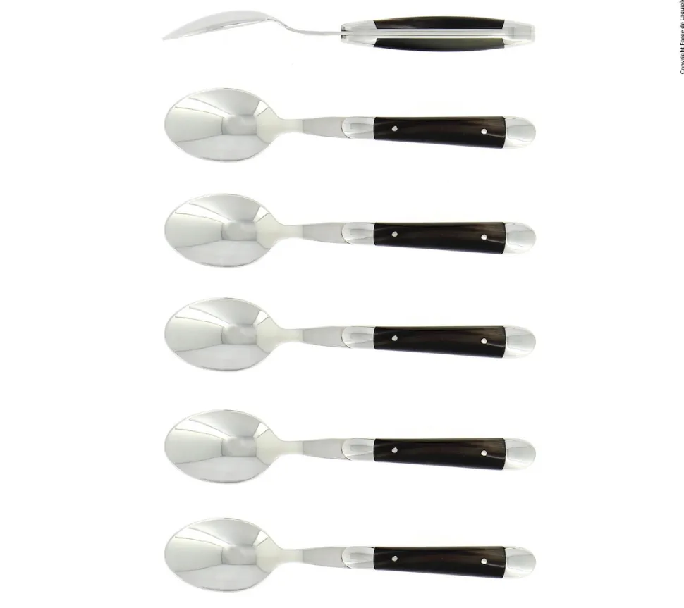 Sex dessertskedar, Handtag av Mörkt Horn, blank, Tradition - Forge de Laguiole