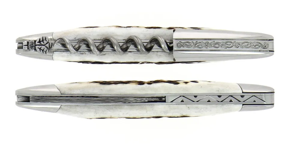 Sommelierkniv av Hjorthorn, damaskerad m dekor, Collection - Forge de Laguiole