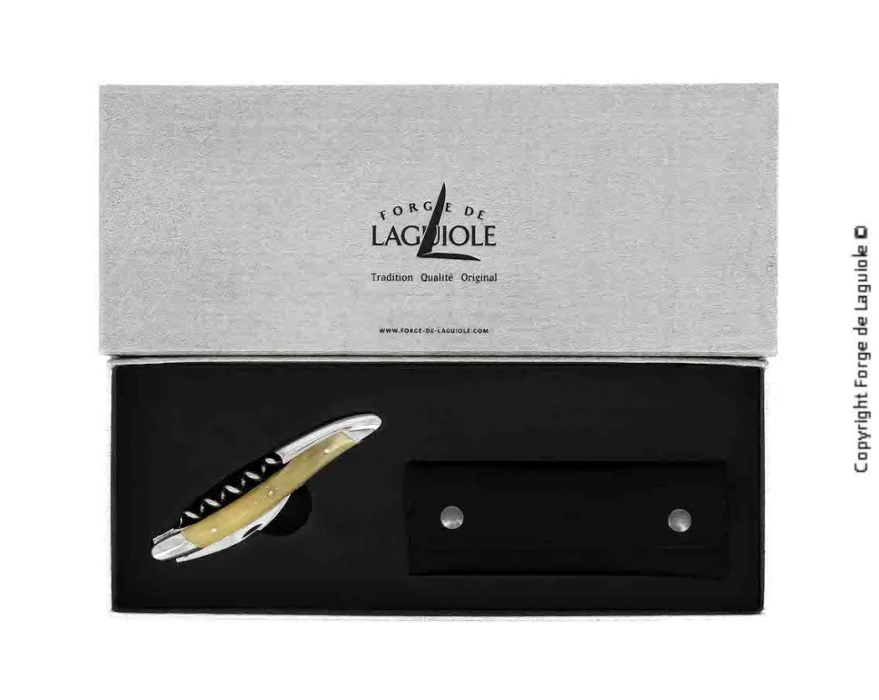 Sommelierkniv av Ljust Horn, damaskerad m dekor, Collection - Forge de Laguiole