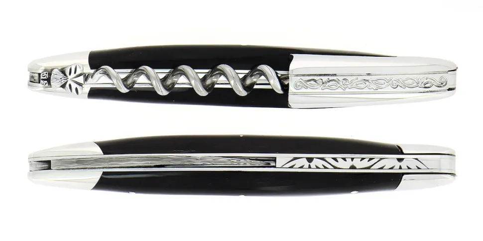 Sommelierkniv av Mörkt Horn, damaskerad m dekor, Collection - Forge de Laguiole